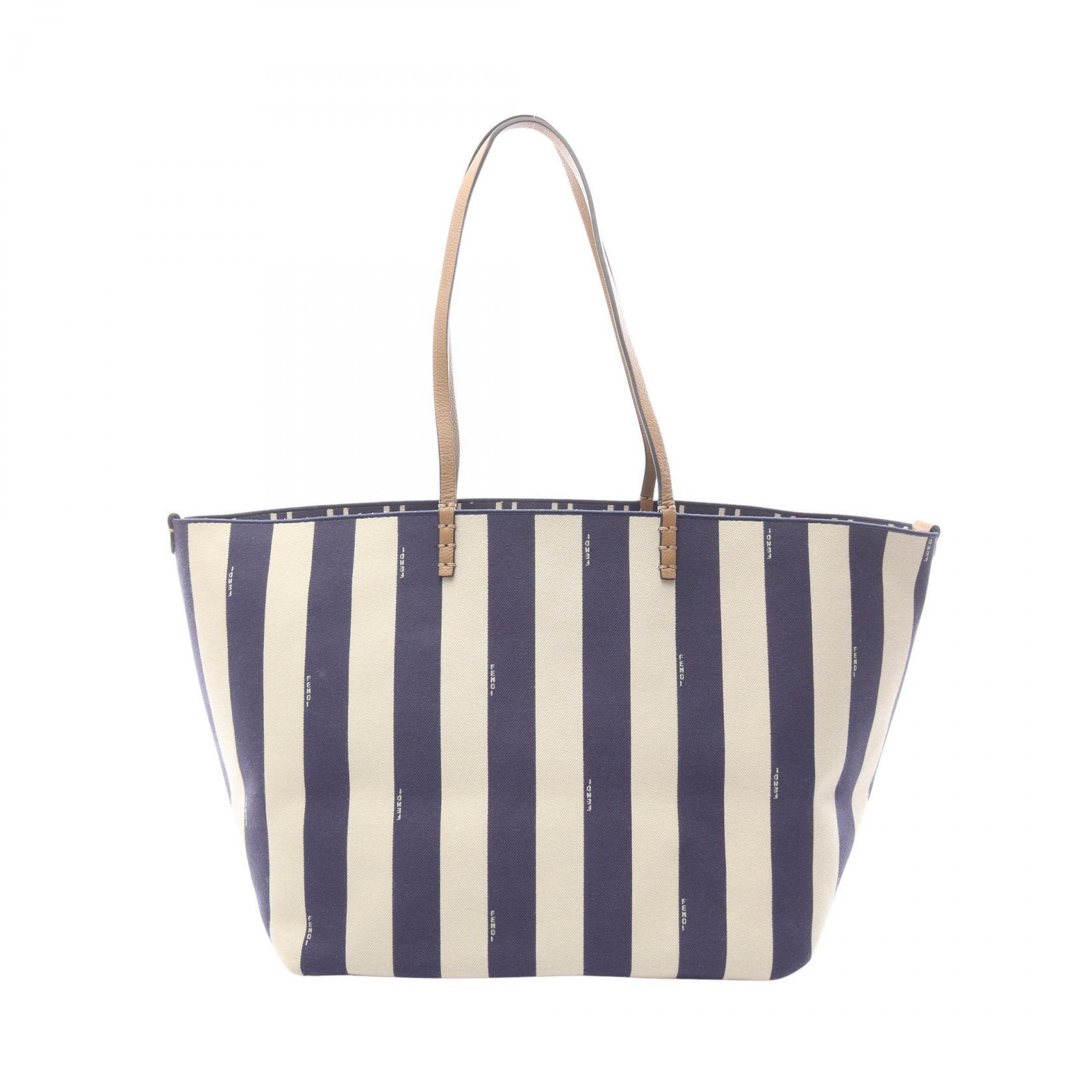 Fendi Roll Tote Bag Canvas Leather Beige Navy Blue